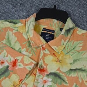Caribbean Joe Mens XL Orange Tropical Short Sleeve Button Up Shirt 100% Silk